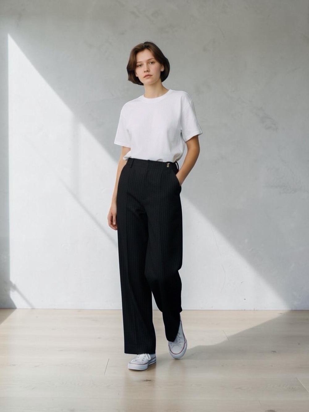 Wide-Leg Black Pinstripe Trousers